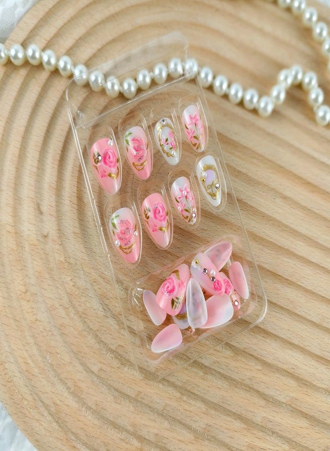 OSTTMA 24Pcs Pink Press on Nails Short Almond Fake Nails with 3D Flower Rhinestone Pearl Bow Design Rose Tulip Gold Gilding False Nails Full Cover Acrylic Nail Glossy Cute Floral Glue on Nails for Women - Image 3